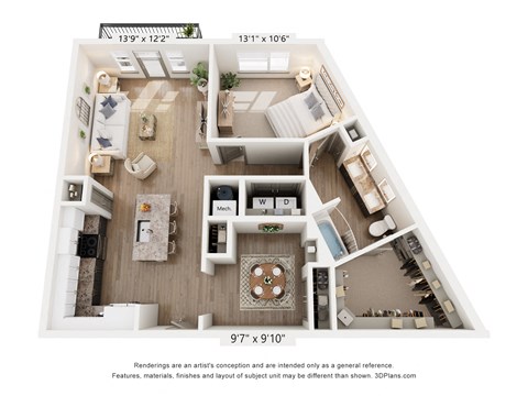 Floor plan for 1 bed, 1 bath, 978 sqft